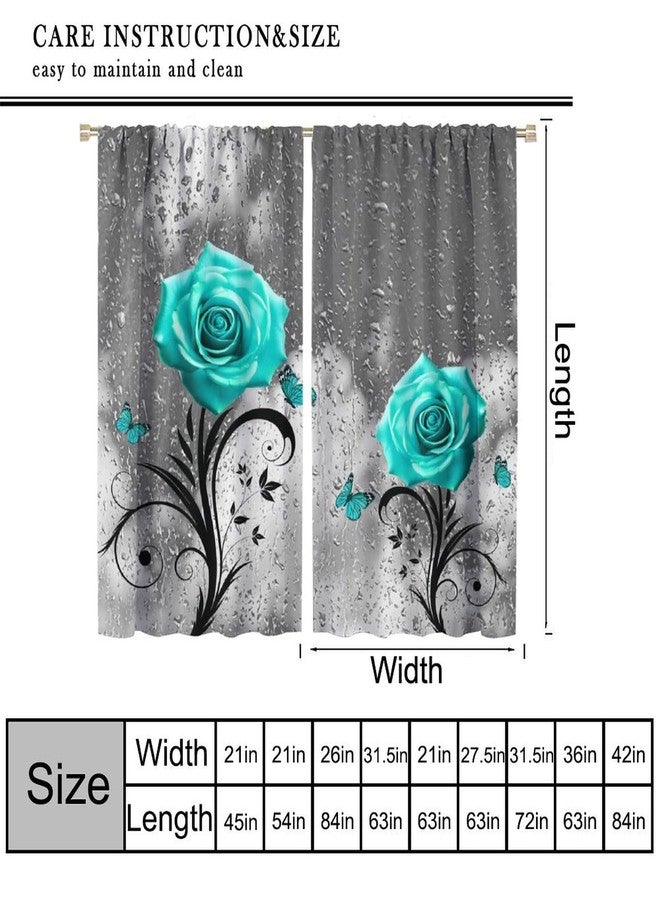 AAVEUP Teal Rose Curtains, Gray Raindrops Misty Glass Landscape Art Plant Flower Butterfly Windows Treatments, Thermal Insulated Drapes For Girls Women Bedroom Living Room Bathroom 42x45in（No Blackout） - Image 2